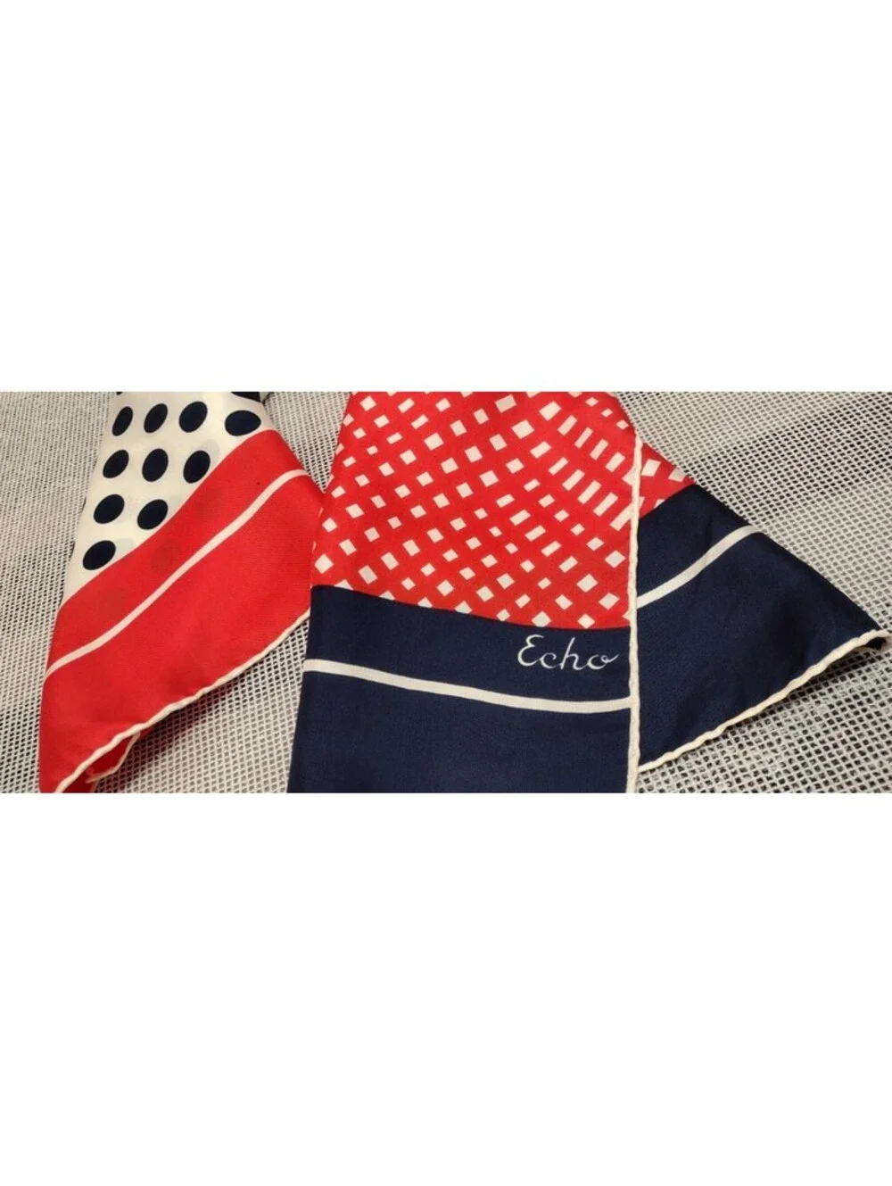 Vinage 1960s White DOTS Echo All Silk Scarf Red Orange White & Blue Polka Dots